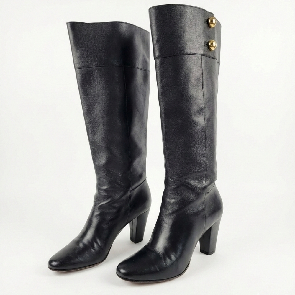 Kate Spade BELINDA Black Leather Tall Knee High Boots Gold Button Red Lining 8.5